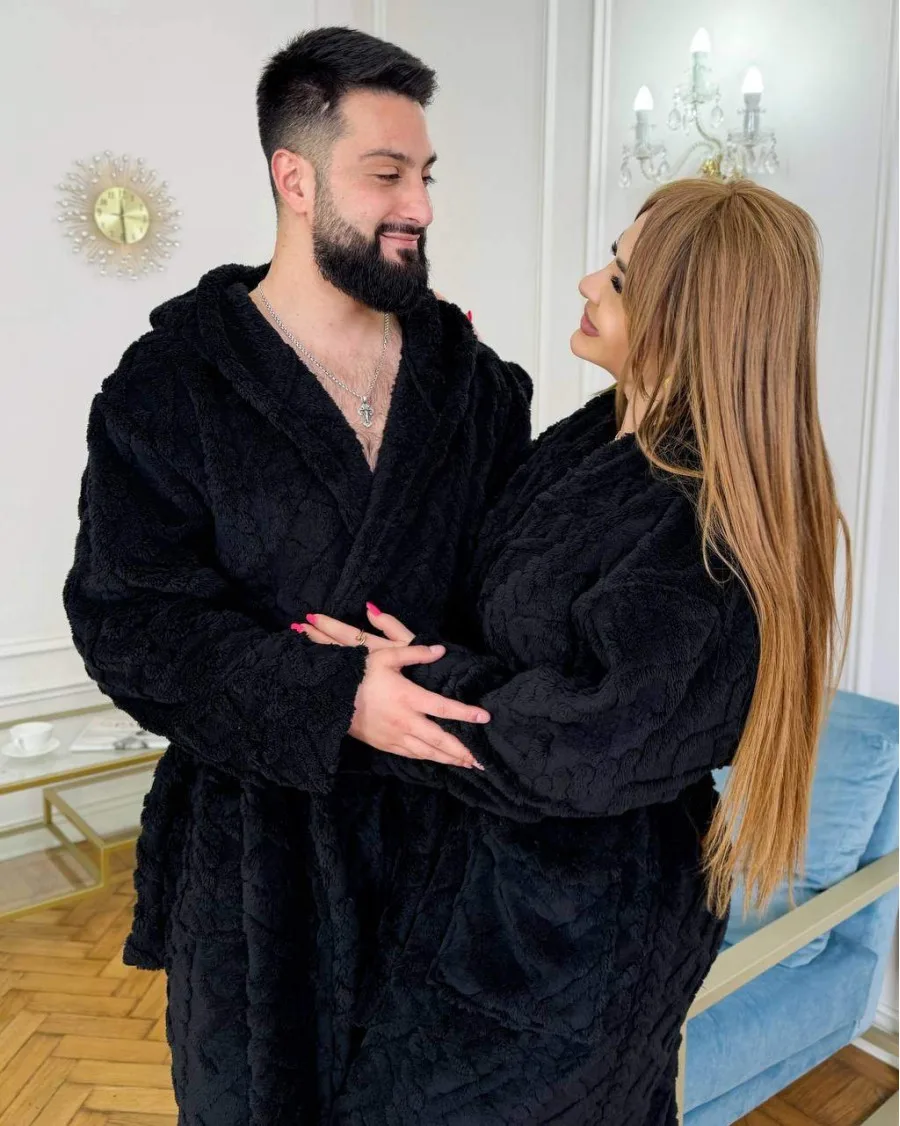 Халат махровий чорний унісекс довгий плюшевий