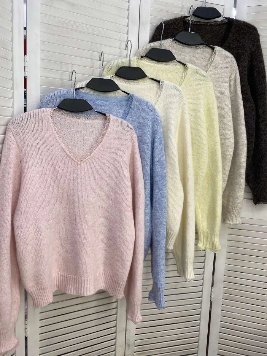 Пуловер вязаный кашемировый с кружевом